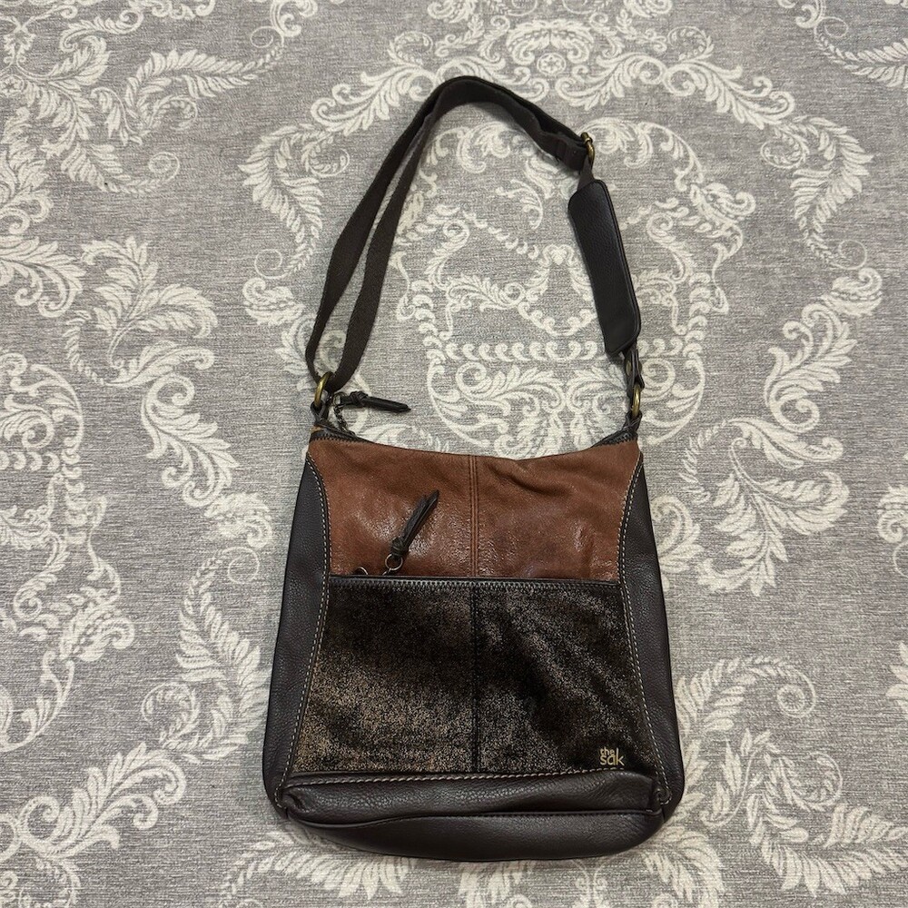 The Sak Crossbody Bag Womens Medium Brown Bronze Metallic Zip Adjustable